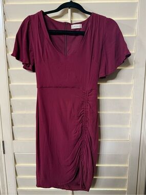 Altar’d State Dress V-Neck Flutter Sleeve Ruched Dress - Berry